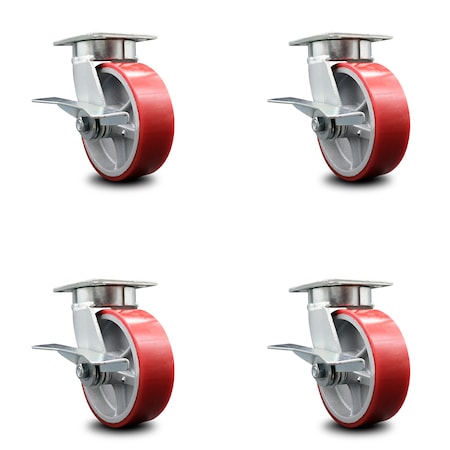 Service Caster 6 Inch Kingpinless Red Poly on Steel Wheel Swivel Caster Set with Brakes SCC SCC-KP30S620-PUR-RS-SLB-4